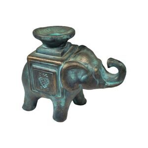 Glazed Terra Cotta Pottery Smiling Elephant Candlestick Holder Blue Gold